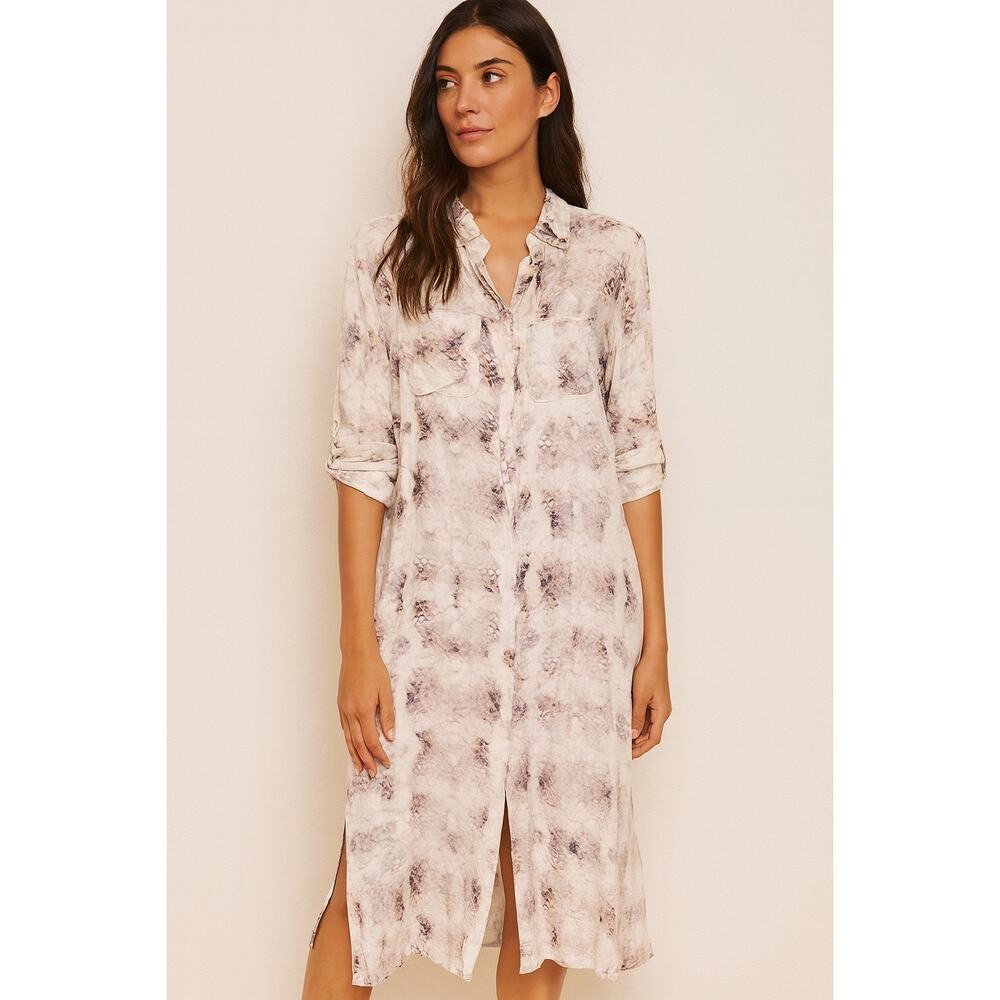 Stillwater Shirt‎ Dress Womens S Beige Snakeskin Button Front Midi Sustainable